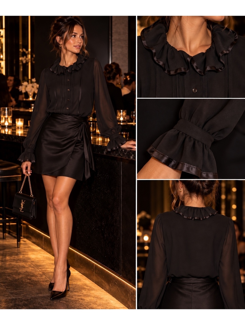 Marks & Spencer St Michael Black Ruffle Satin Tie Neck Blouse US 12